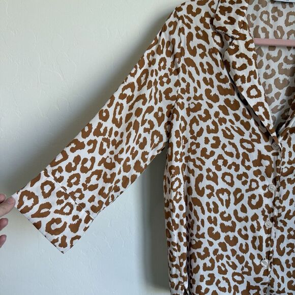 Van Winkle & Co Boho Brown Leopard Satin Wide Leg Pajama Set Large Animal Print - Picture 4 of 12